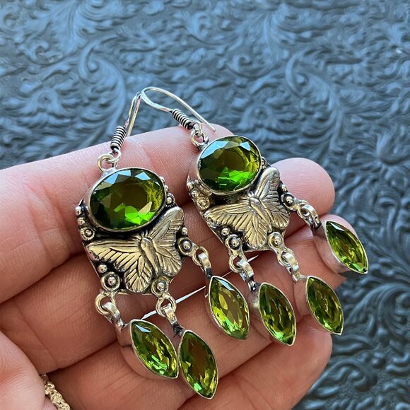 Dangly Faceted Green Peridot Butterfly Earrings Crystal Stone Jewelry - Picture 4 of 8